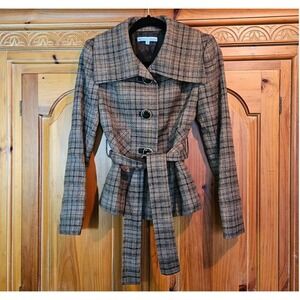 Antonio Melani Brown Plaid Belted Wool Blend Peacoat Excellent Condition‎ Size 0